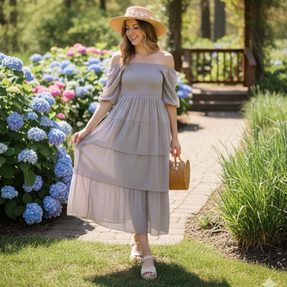 Off-Shoulder Tiered Maxi Dress in Light Gray